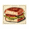 Vintage Stamp Illustration Of A Sandwich On White Background