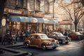 Vintage scene of Beijing street cafe in the past with old cars Generative AI Illustration