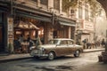 Vintage scene of Beijing street cafe in the past with old cars Generative AI Illustration