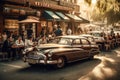 Vintage scene of Beijing street cafe in the past with old cars Generative AI Illustration