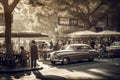 Vintage scene of Beijing street cafe in the past with old cars Generative AI Illustration