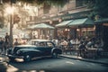Vintage scene of Beijing street cafe in the past with old cars Generative AI Illustration Royalty Free Stock Photo