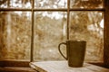 Vintage scene of cup in front of window Royalty Free Stock Photo