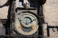 Vintage scene of Prague astronomic watch at city central square.