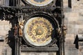 Vintage scene of Prague astronomic watch at city central square.