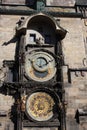 Vintage scene of Prague astronomic watch at city central square.