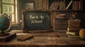 Vintage School Desk with Chalkboard and Classic Books. Royalty Free Stock Photo