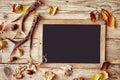 Vintage school slate with antlers and fall leaves Royalty Free Stock Photo