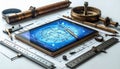 Vintage Science Meets Modern Technology on Blueprints.jpg Royalty Free Stock Photo