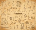 Vintage science objects set in steampunk style. Scientific equipment for physics, chemistry, geography, pharmacy on aged paper bac Royalty Free Stock Photo
