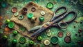 Vintage Scissors Green Cotton and Buttons A Rustic Still Life Composition for a Touch of Earthy Charm
