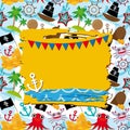 Vintage scrap nautical card with frame, anchor and pattern with sea animals, boats pirates. Royalty Free Stock Photo