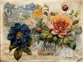 Vintage scrapbook background with victorian style flowers and ephemera. Decoupage paper