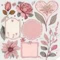 Vintage scrapbook clip art sheet - pink heart & flowers vintage style designs