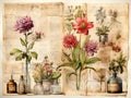 Vintage scrapbook page with flowers and herbal oil bottles. Floral ephemera old paper Royalty Free Stock Photo