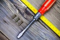 Vintage screwdriver, screws and measuring lenght Royalty Free Stock Photo