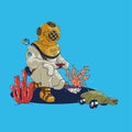 Vintage Scuba Diver playing Remote control turtle vector illustration