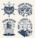 Vintage scuba diving and nautical emblems