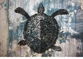 Vintage sea turtle drawing on grunge blue background