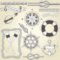 Vintage seafaring elements - steering wheel, oars, rope frame Royalty Free Stock Photo