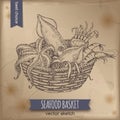 Vintage seafood basket sketch with octopus, crab, shrimp and squid