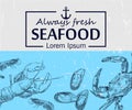 Vintage seafood frame vector illustration. Hand drawn with ink. Cooked seafood dish on the table top view