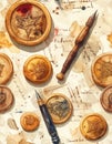 Vintage Seals and Calligraphy Tools Royalty Free Stock Photo