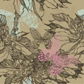 Vintage seamless background with flowers and butterflies. Vector