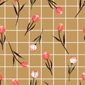 Vintage Seamless hand drawn  blooming tulip flowers on grid line check  background. Vector summer design for fashion fabric and Royalty Free Stock Photo