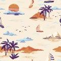 Vintage seamless island pattern Landscape with palm trees, yacht, beach and ocean hand drawn style Royalty Free Stock Photo