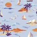 Vintage seamless island pattern Landscape with palm trees, yacht, beach and ocean hand drawn style Royalty Free Stock Photo