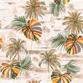 Vintage seamless palm leaves island pattern on monotone Landscape with palm trees,beach and ocean vector hand drawn style