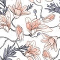 Vintage seamless pattern, background with spring flowers magnolia.
