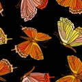 Vintage Seamless pattern: bird, butterfly on background. Imitation of embroidery. Hand drawn vector Royalty Free Stock Photo