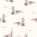 Vintage Seamless pattern with birds swans in the lake, flowers and mountain. Vector EPS10 illustration hand drawn.Design for Royalty Free Stock Photo