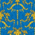 Vintage seamless pattern with bunches of grapes. Golden ornament on a blue background.