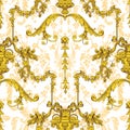 Vintage seamless pattern with bunches of grapes. Golden ornament on a white background.