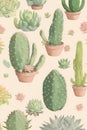 Vintage seamless pattern of cactus and succulents pencil sketch