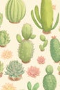 Vintage seamless pattern of cactus and succulents pencil sketch