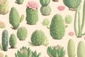 Vintage seamless pattern of cactus and succulents pencil sketch