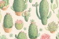 Vintage seamless pattern of cactus and succulents pencil sketch