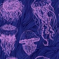 Vintage seamless pattern with collection of jellyfish. Hand drawn vector illustration of marine fauna in line art style.