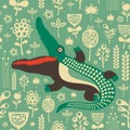 Vintage seamless pattern with colorful crocodile and flowers.