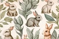 Vintage seamless pattern with cute white rabbits and leaves. Wild animals, eucalyptus, flowers. Royalty Free Stock Photo