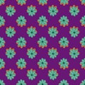 Vintage seamless pattern with decorative turquoise daisy flowers shapes. Purple bright background