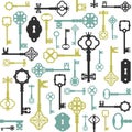 Vintage seamless pattern with different antique keys and keyholes. Vector