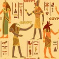 Vintage seamless pattern with egyptian gods and ancient egyptian hieroglyphs.