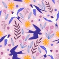 Vintage seamless pattern with flying swallows, flowers and plants. Rural meadow print with birds and leaves. Vector