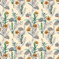 Vintage Seamless Pattern garden , line hand drawn style Isolated on light beige color. Botanical Floral Decoration Texture. Royalty Free Stock Photo