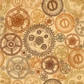 Vintage seamless pattern with gears of clockwork on aged paper background.